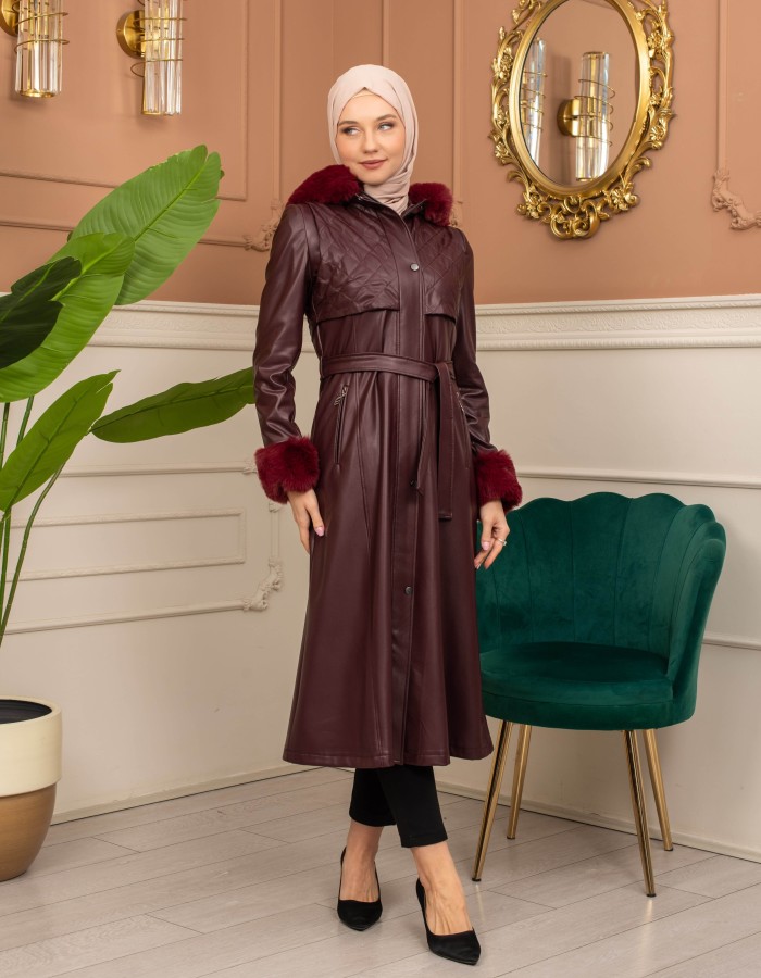 Trench Coat with Treated Leather Code 1365 - burgundy