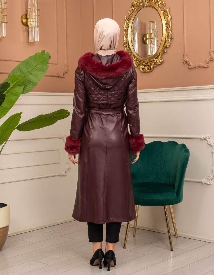 Trench Coat with Treated Leather Code 1365 - burgundy