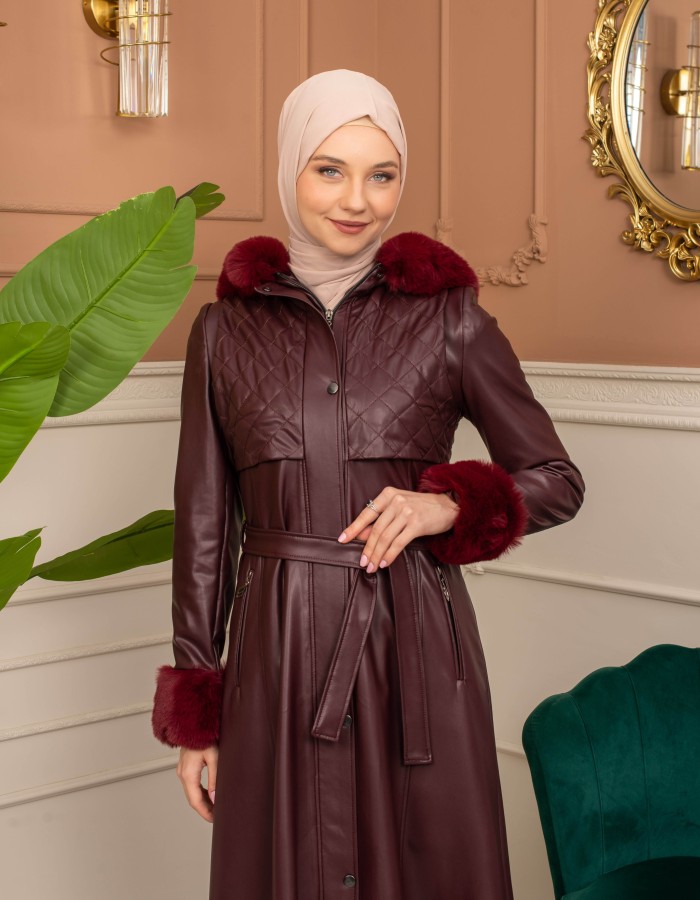 Trench Coat with Treated Leather Code 1365 - burgundy