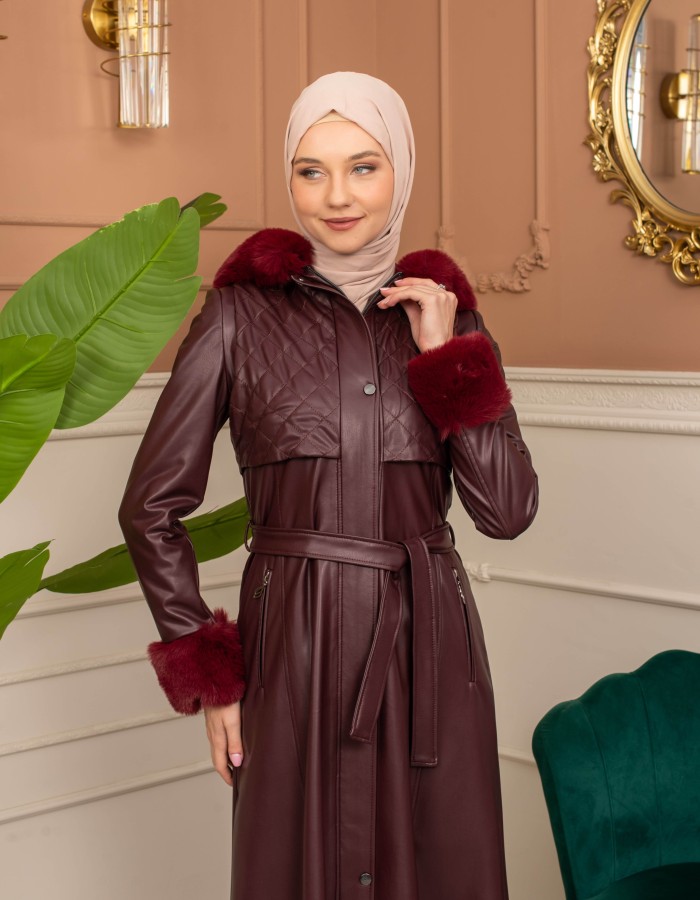 Trench Coat with Treated Leather Code 1365 - burgundy