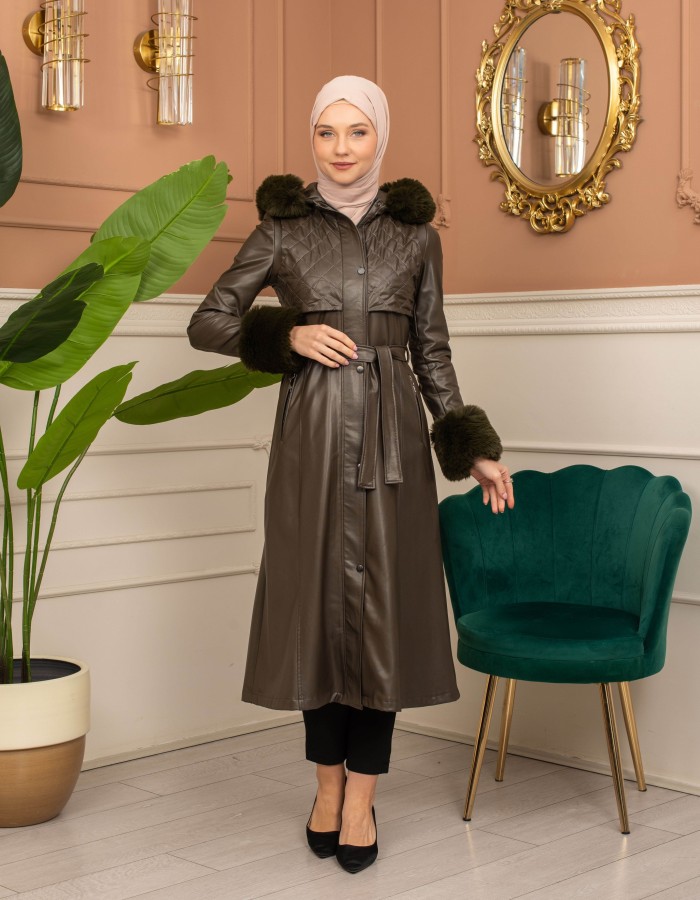 Trench Coat with Treated Leather Code 1365 - Khaki
