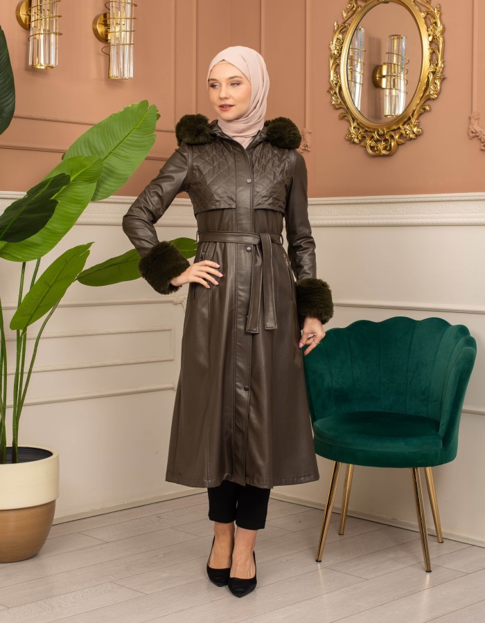 Trench Coat with Treated Leather Code 1365 - Khaki