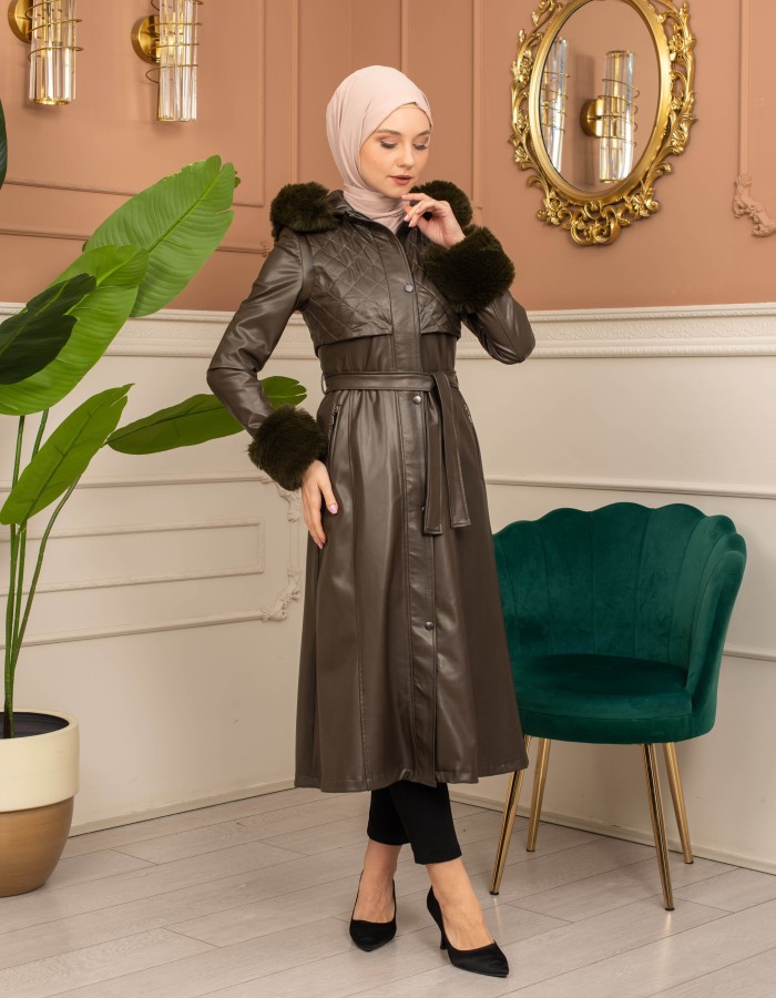 Trench Coat with Treated Leather Code 1365 - Khaki