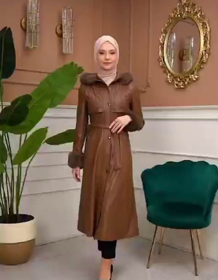 Trench Coat with Treated Leather Code 1365 - Tabak