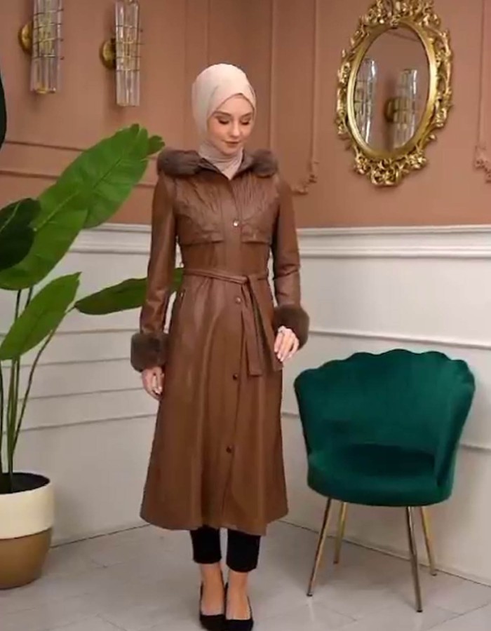 Trench Coat with Treated Leather Code 1365 - Tabak
