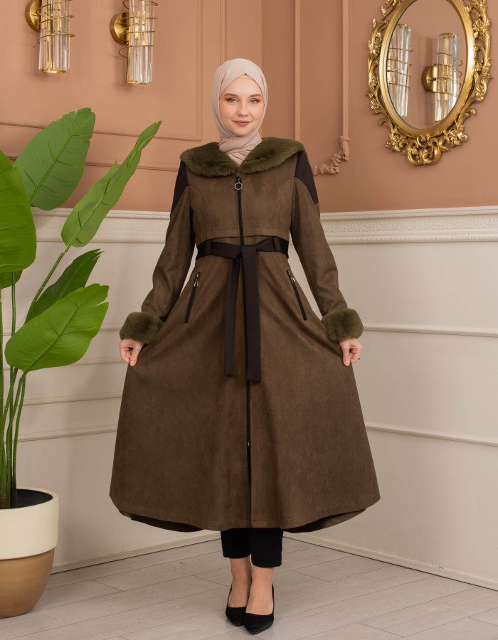 Velvet Suede Trench Coat with Faux Fur Lining, Code 1366 - Khaki