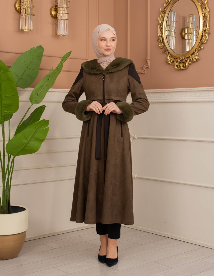Velvet Suede Trench Coat with Faux Fur Lining, Code 1366 - Khaki