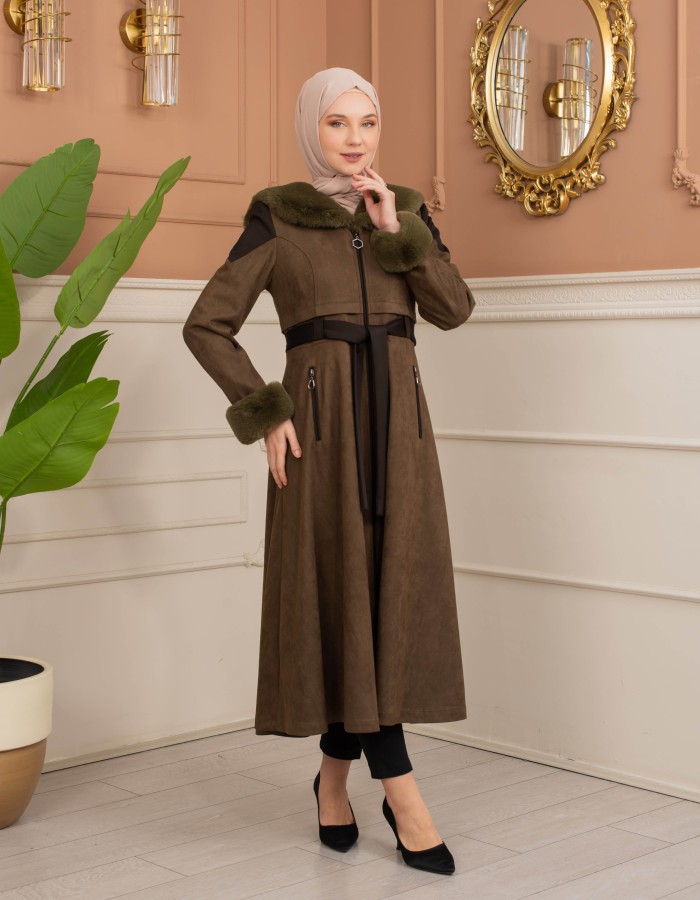 Velvet Suede Trench Coat with Faux Fur Lining, Code 1366 - Khaki