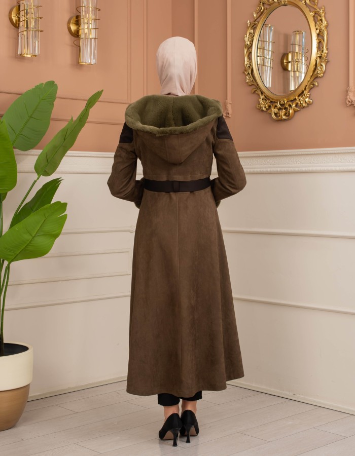 Velvet Suede Trench Coat with Faux Fur Lining, Code 1366 - Khaki