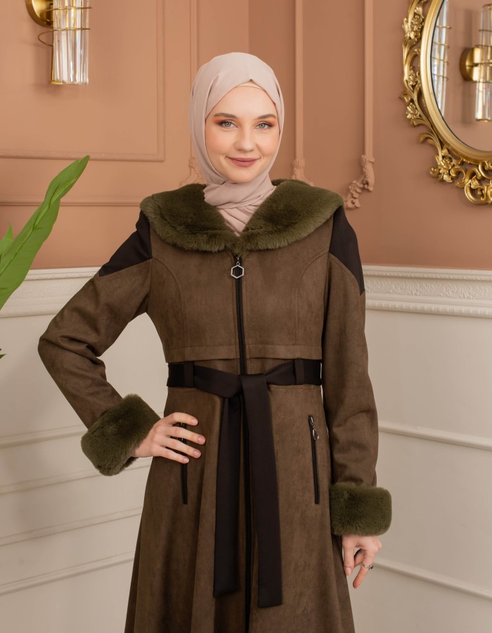 Velvet Suede Trench Coat with Faux Fur Lining, Code 1366 - Khaki