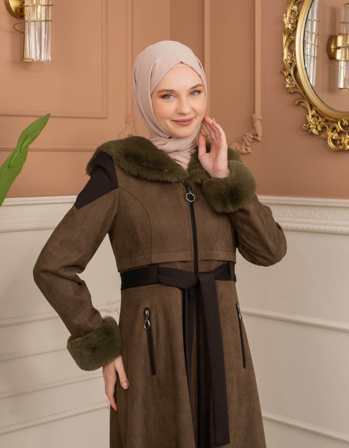 Velvet Suede Trench Coat with Faux Fur Lining, Code 1366 - Khaki