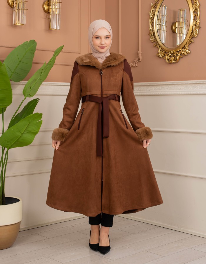 Velvet Suede Trench Coat with Faux Fur Lining, Code 1366 - tan