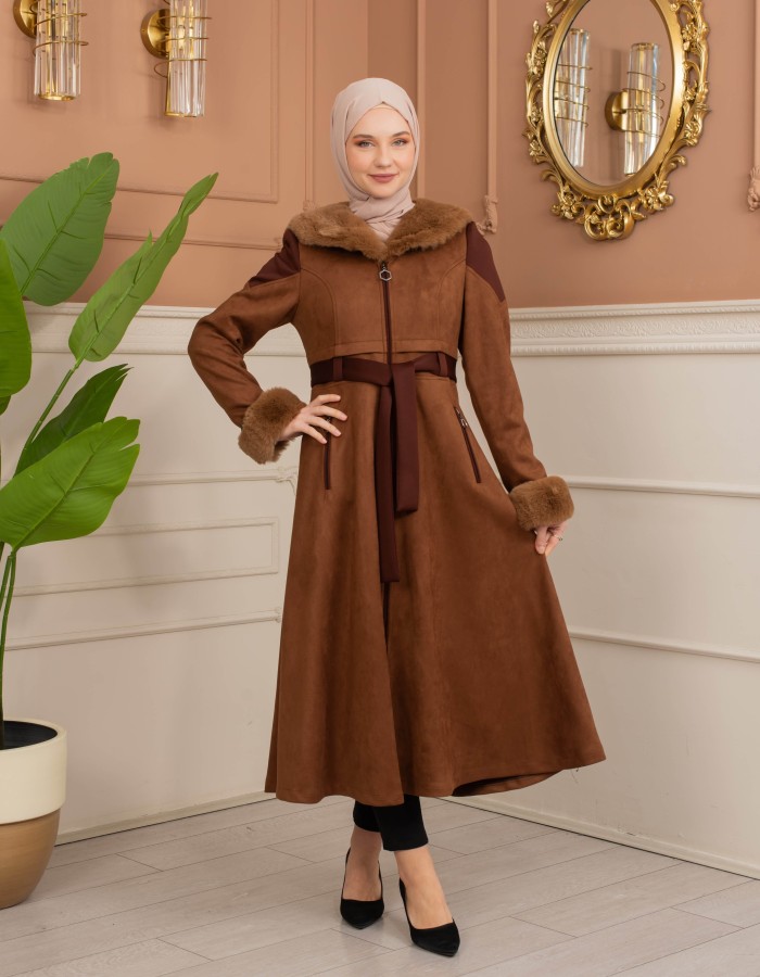 Velvet Suede Trench Coat with Faux Fur Lining, Code 1366 - tan