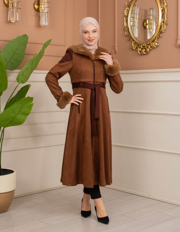 Velvet Suede Trench Coat with Faux Fur Lining, Code 1366 - tan