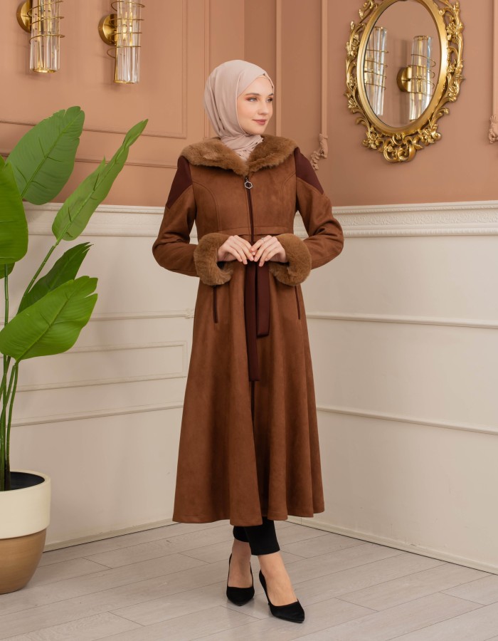 Velvet Suede Trench Coat with Faux Fur Lining, Code 1366 - tan