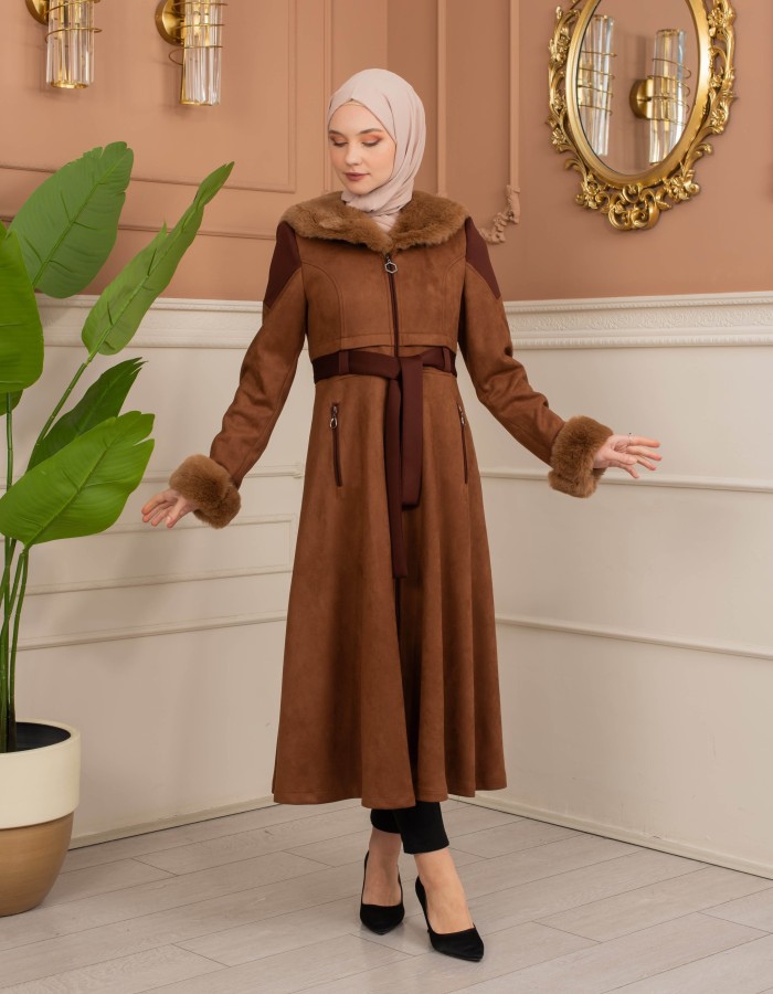 Velvet Suede Trench Coat with Faux Fur Lining, Code 1366 - tan