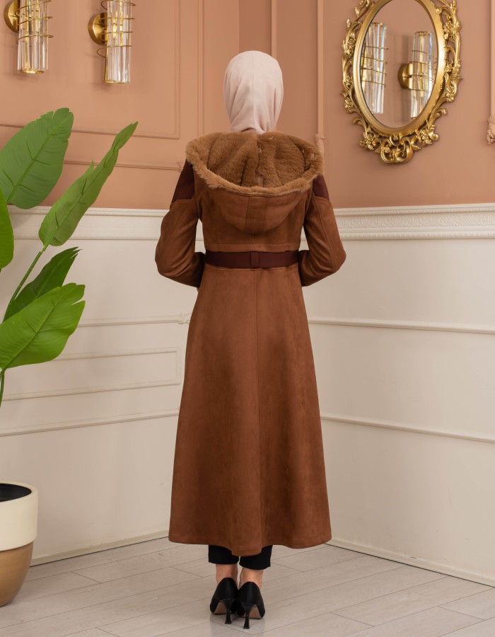 Velvet Suede Trench Coat with Faux Fur Lining, Code 1366 - tan