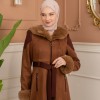Velvet Suede Trench Coat with Faux Fur Lining, Code 1366 - tan
