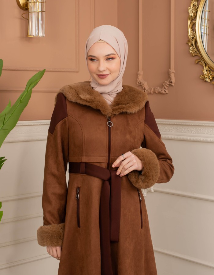 Velvet Suede Trench Coat with Faux Fur Lining, Code 1366 - tan