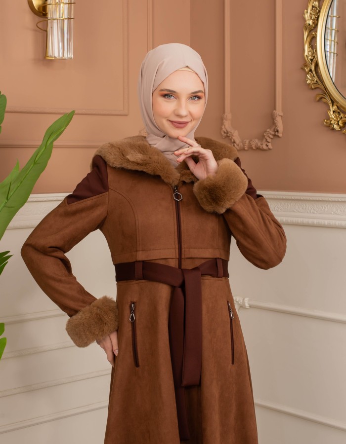 Velvet Suede Trench Coat with Faux Fur Lining, Code 1366 - tan