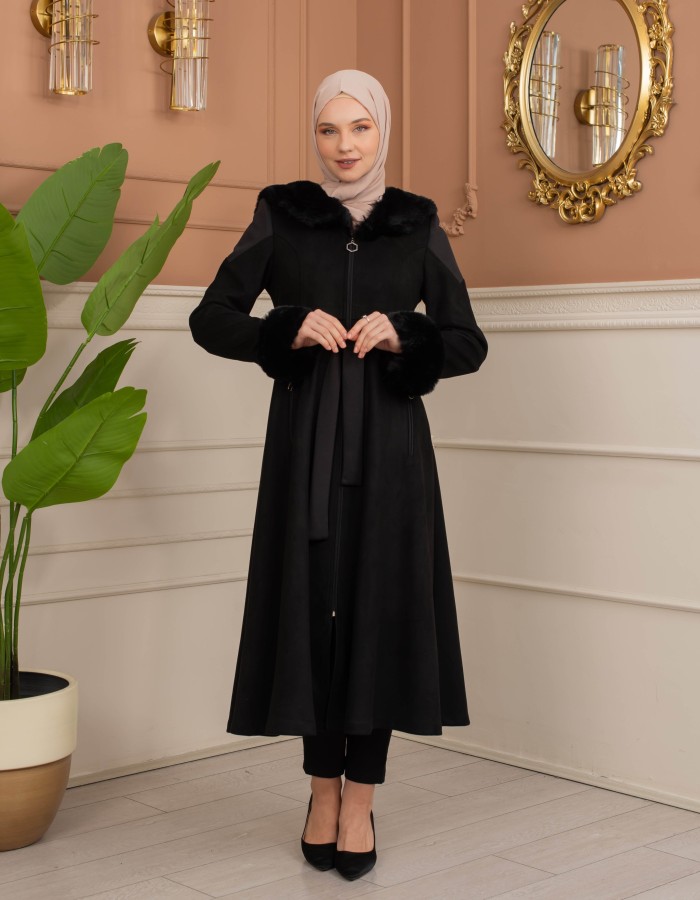Velvet Suede Trench Coat with Faux Fur Lining, Code 1366 - Schwarz