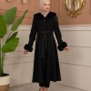 Velvet Suede Trench Coat with Faux Fur Lining, Code 1366 - Schwarz