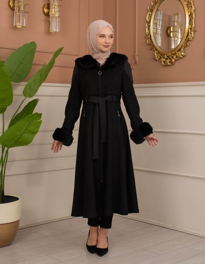 Velvet Suede Trench Coat with Faux Fur Lining, Code 1366 - Schwarz