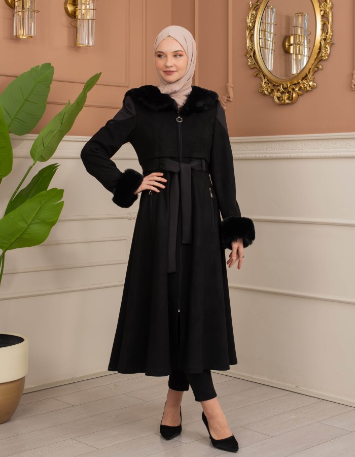 Velvet Suede Trench Coat with Faux Fur Lining, Code 1366 - Schwarz