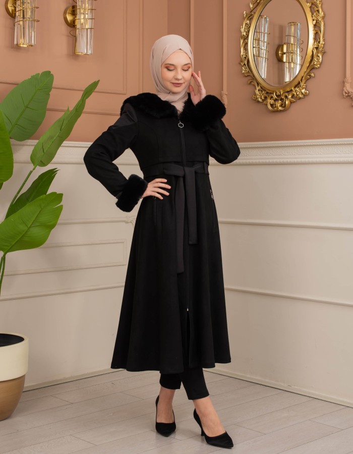 Velvet Suede Trench Coat with Faux Fur Lining, Code 1366 - Schwarz