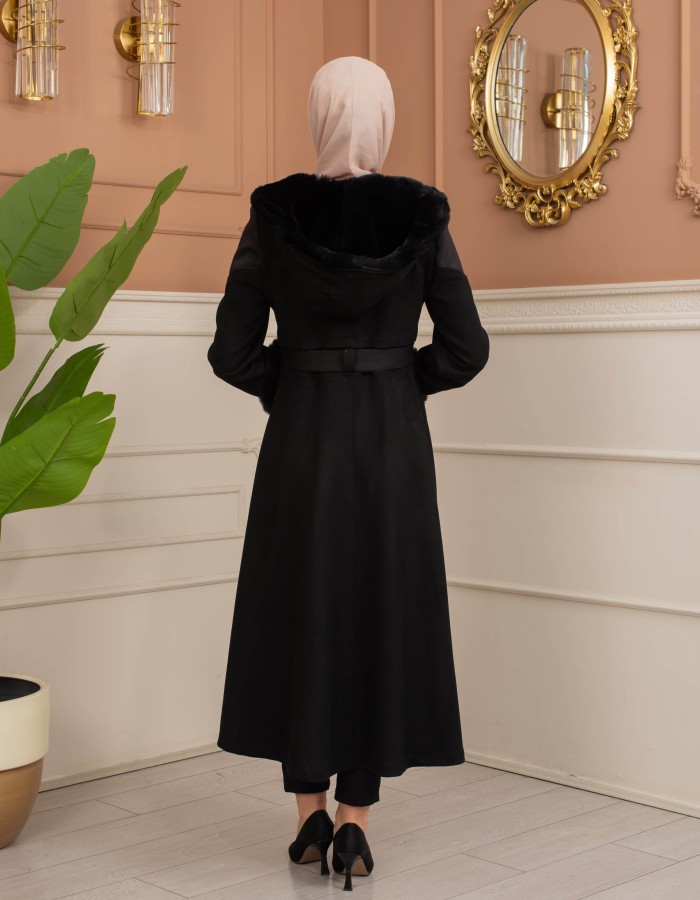 Velvet Suede Trench Coat with Faux Fur Lining, Code 1366 - Schwarz