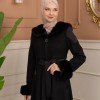 Velvet Suede Trench Coat with Faux Fur Lining, Code 1366 - Schwarz