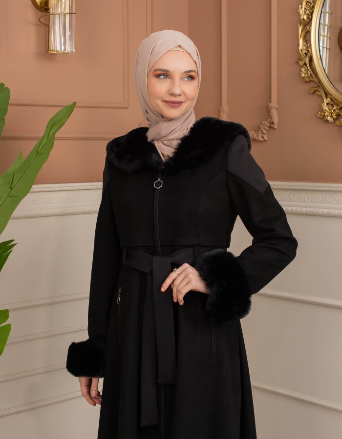 Velvet Suede Trench Coat with Faux Fur Lining, Code 1366 - Schwarz