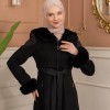 Velvet Suede Trench Coat with Faux Fur Lining, Code 1366 - Schwarz