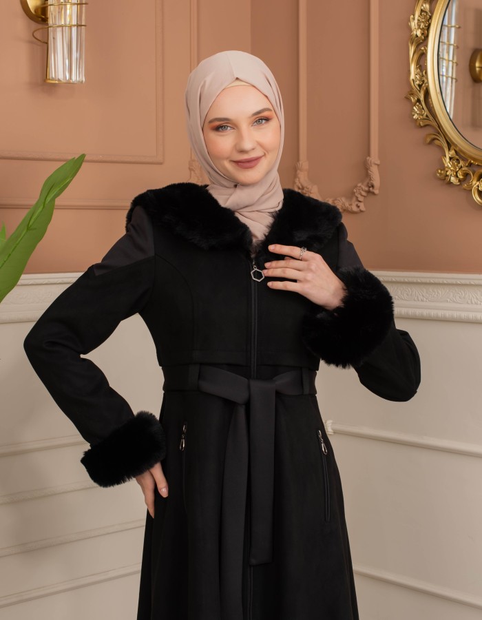 Velvet Suede Trench Coat with Faux Fur Lining, Code 1366 - Schwarz
