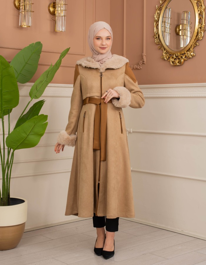 Velvet Suede Trench Coat with Faux Fur Lining, Code 1366 - Beige