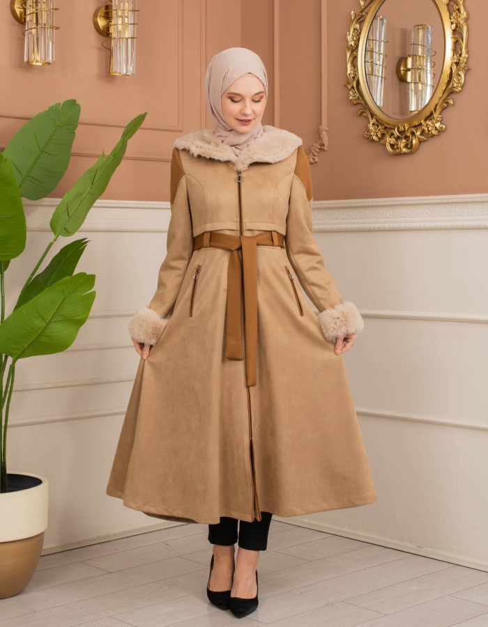 Velvet Suede Trench Coat with Faux Fur Lining, Code 1366 - Beige