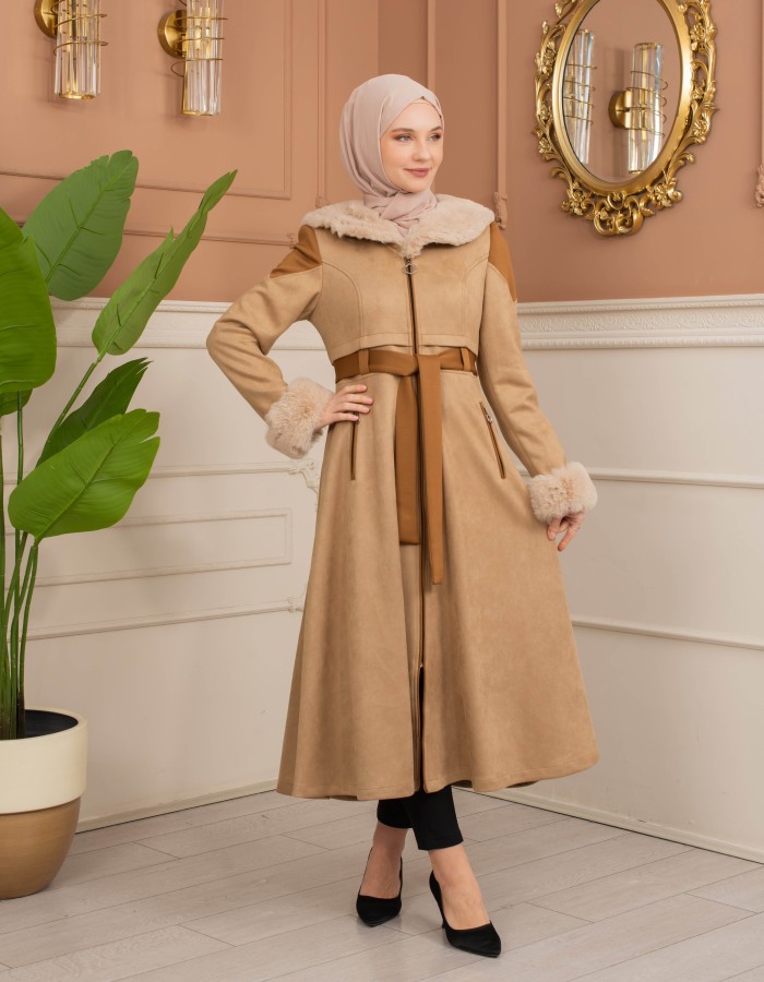 Velvet Suede Trench Coat with Faux Fur Lining, Code 1366 - Beige