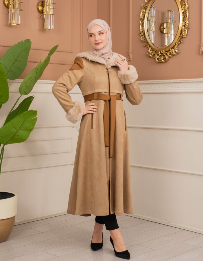 Velvet Suede Trench Coat with Faux Fur Lining, Code 1366 - Beige