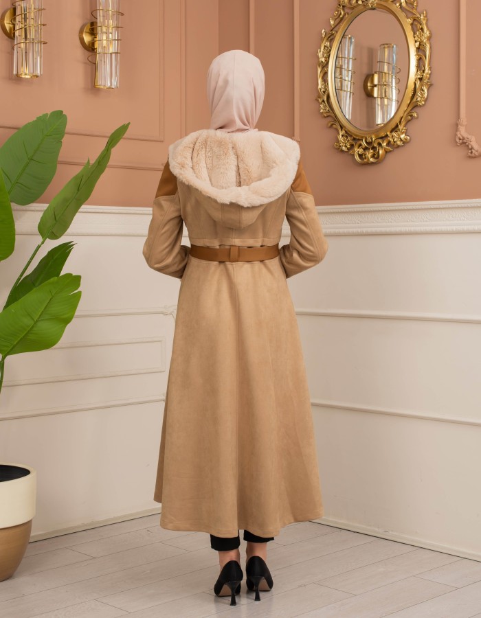 Velvet Suede Trench Coat with Faux Fur Lining, Code 1366 - Beige