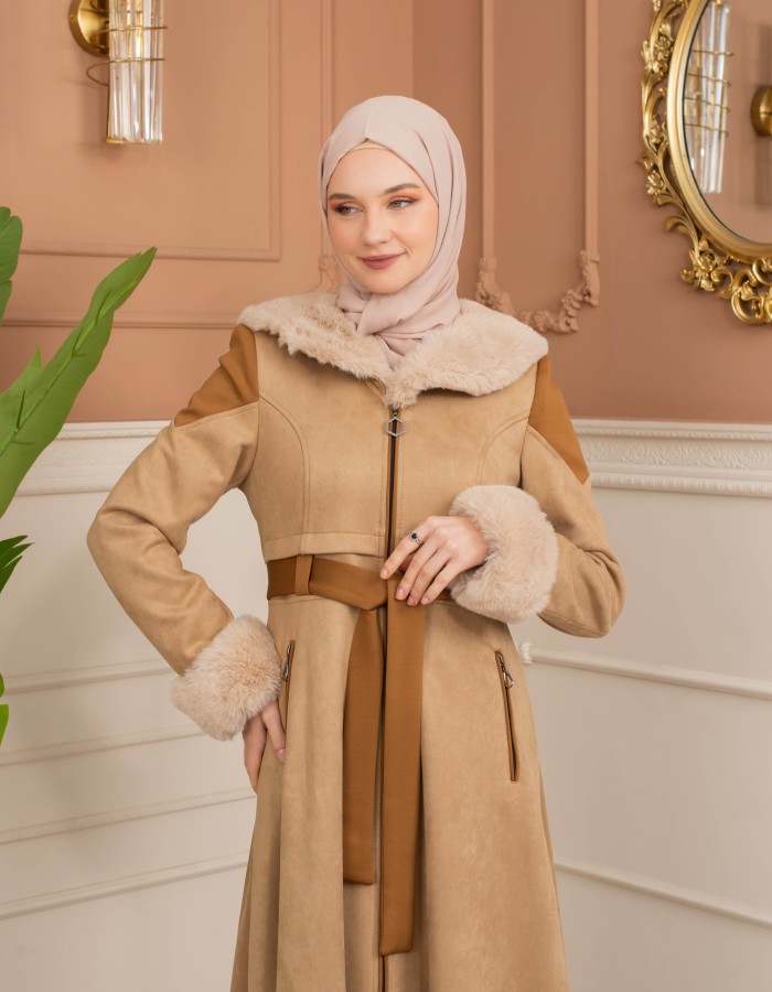 Velvet Suede Trench Coat with Faux Fur Lining, Code 1366 - Beige