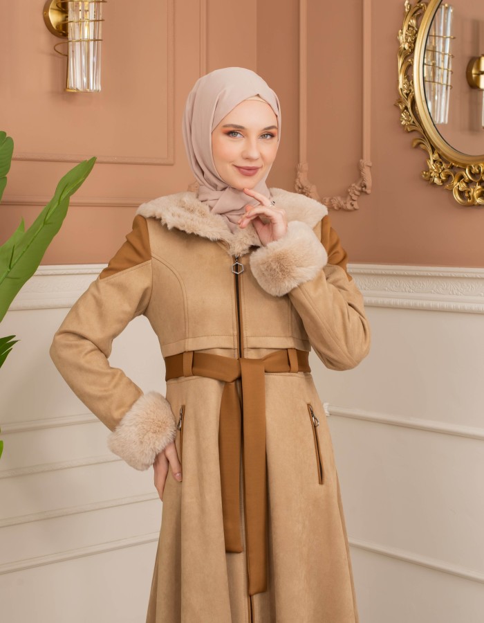 Velvet Suede Trench Coat with Faux Fur Lining, Code 1366 - Beige