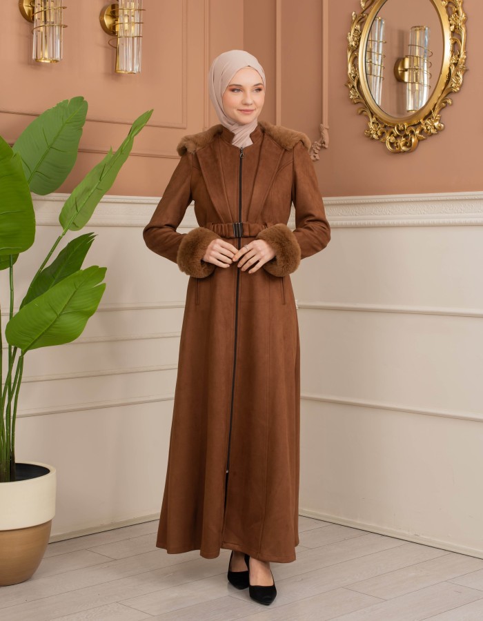 Velvet Suede Trench Coat with Faux Fur Lining, Code 1368 - Braun