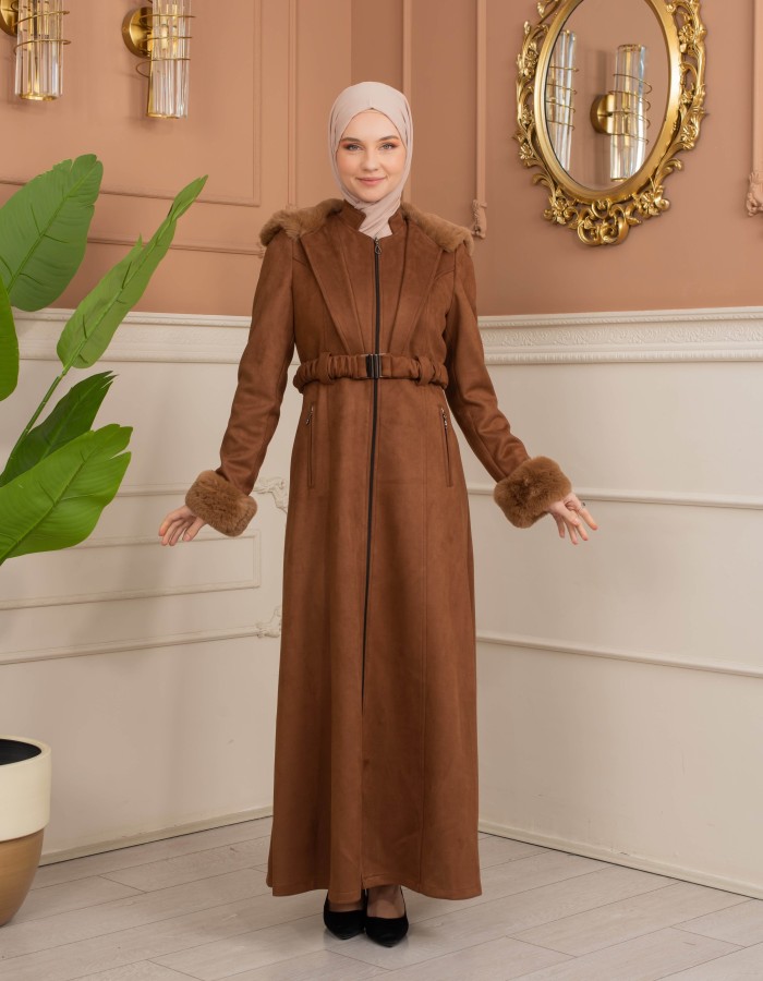 Velvet Suede Trench Coat with Faux Fur Lining, Code 1368 - Braun
