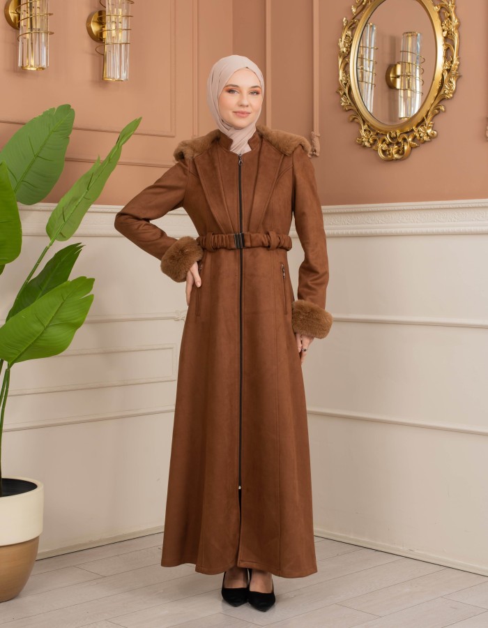 Velvet Suede Trench Coat with Faux Fur Lining, Code 1368 - Braun