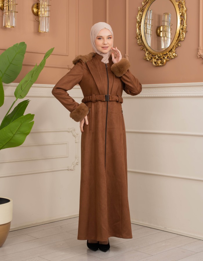 Velvet Suede Trench Coat with Faux Fur Lining, Code 1368 - Braun