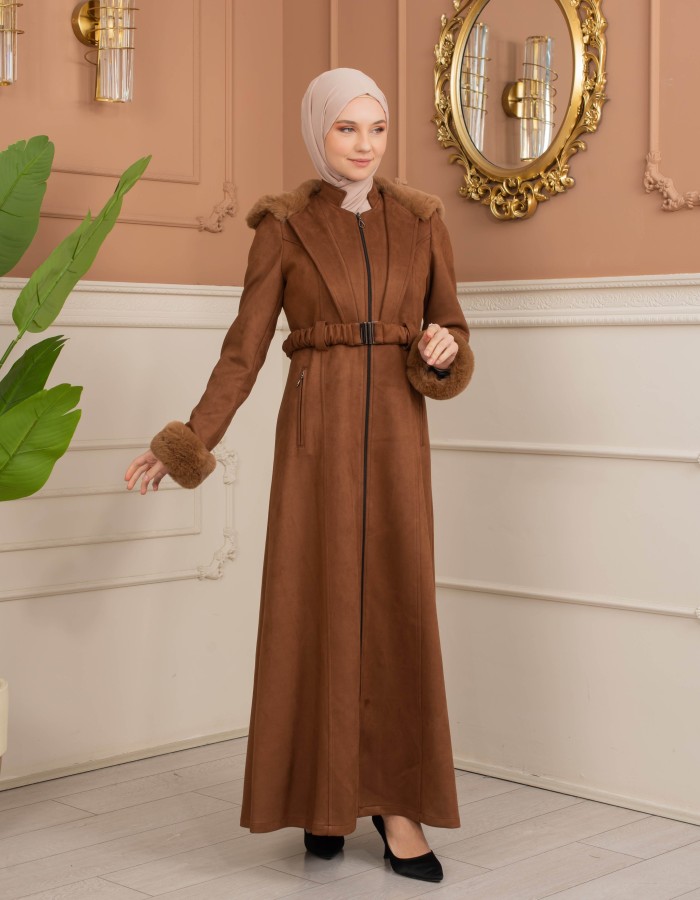 Velvet Suede Trench Coat with Faux Fur Lining, Code 1368 - Braun