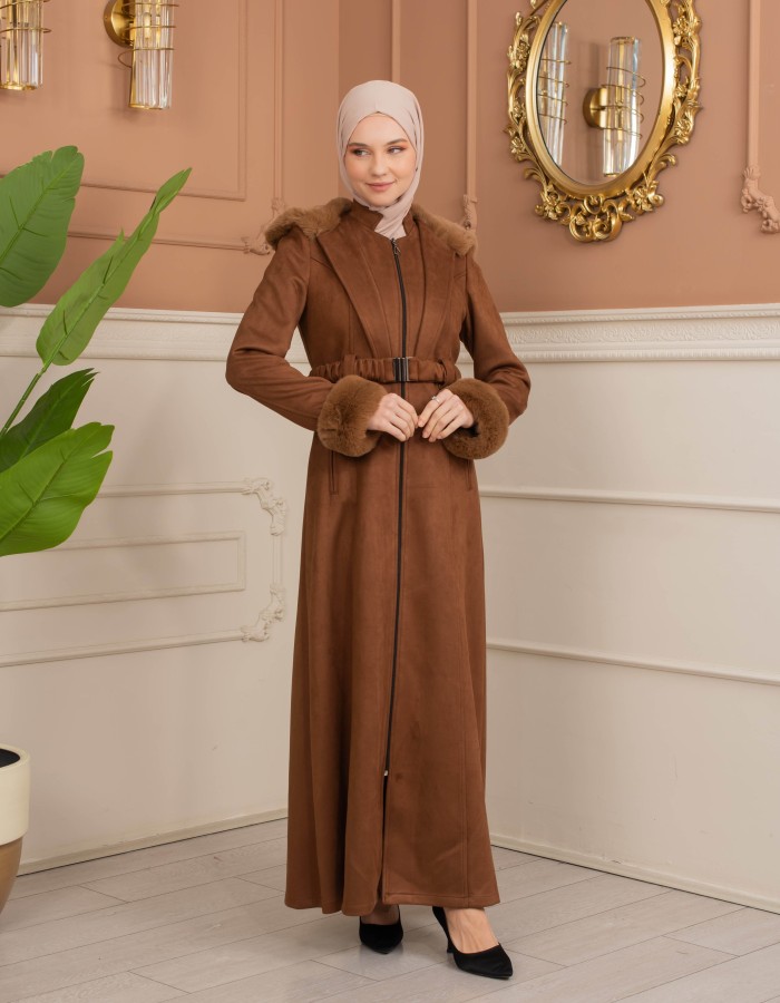 Velvet Suede Trench Coat with Faux Fur Lining, Code 1368 - Braun