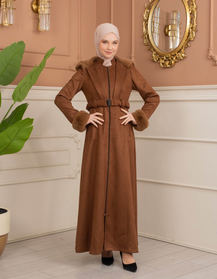 Velvet Suede Trench Coat with Faux Fur Lining, Code 1368 - Braun
