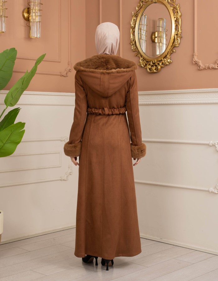 Velvet Suede Trench Coat with Faux Fur Lining, Code 1368 - Braun