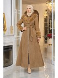 Long Suede Winter Coat with Fur Collar & Zipper 1390 - ivory